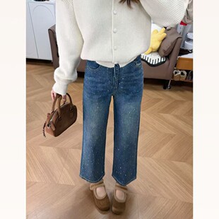 满天星烫钻~直筒牛仔裤女2026春季新款大码胖mm高腰显瘦阔腿裤子