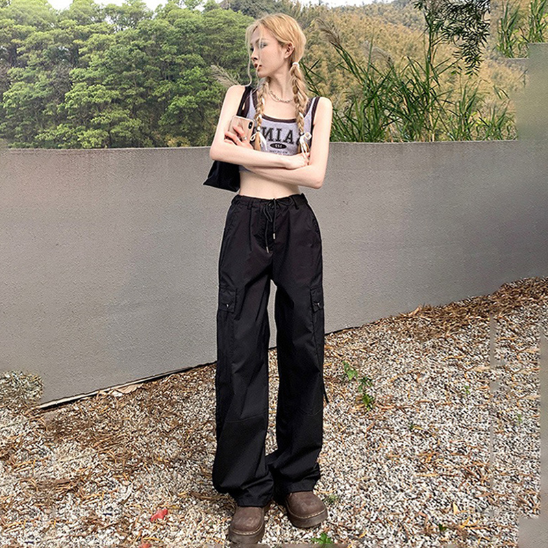 黑色美式工装裤女夏季薄款胖妹妹mm大码高腰裤子复古直筒休闲裤