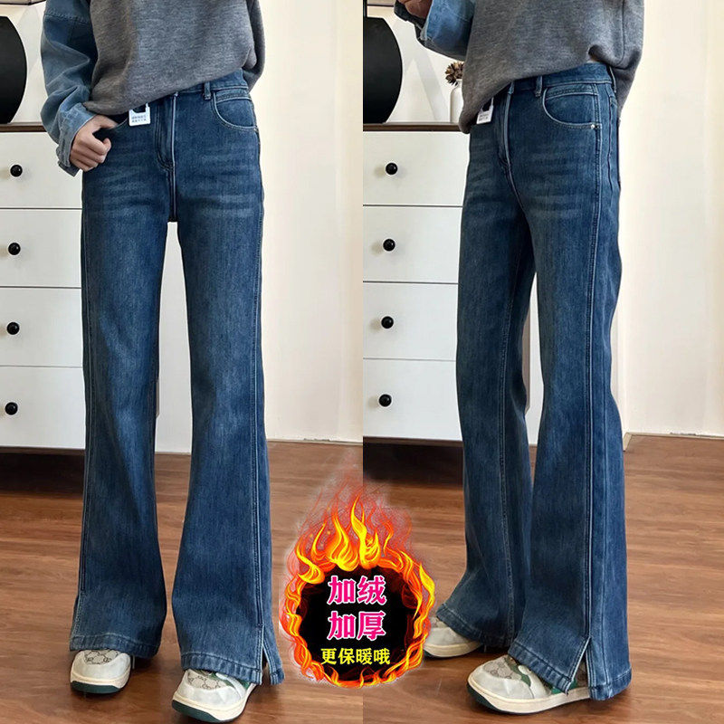 直筒开叉高腰微喇牛仔裤女加绒大码梨型身材弹力显瘦不贴腿喇叭裤,女装/女士精品,牛仔裤,淘宝优惠券,粉丝福利购,淘宝优惠卷