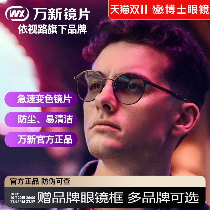 万新镜片变色快速变灰非球面树脂高度近视防蓝光镜片1.60超薄