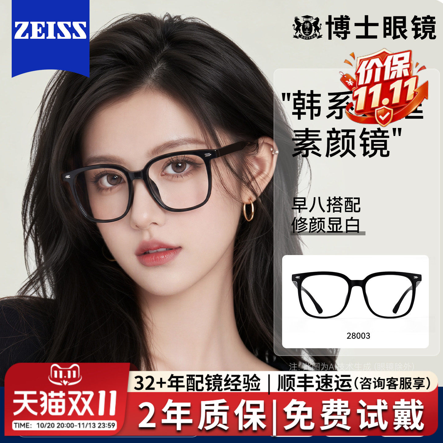 素颜黑框近视眼镜女可配度数蔡司镜片防蓝光大框显脸小眼镜框架男