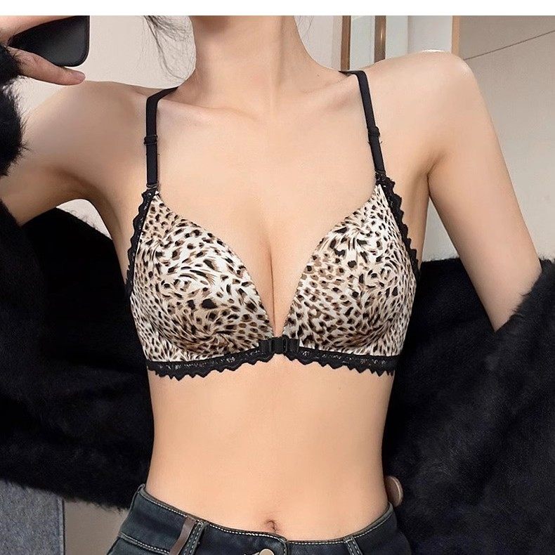 前扣式内衣女小胸聚拢显大蕾丝美背性感豹纹无钢圈无痕文胸罩套装
