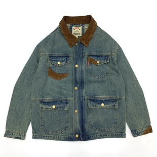 灯芯绒拼接牛仔夹克男水洗做旧日系复古青年工装 宽松外套 棉春秋季