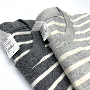 女 纯棉灰色条厚实圆领海魂复古阿美咔叽体恤衫 重磅条纹短袖 T恤男