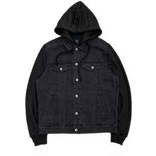纯棉水洗街头牛仔衣连帽欧美复古牛仔外套 牛仔短夹克 袖 子拼接款