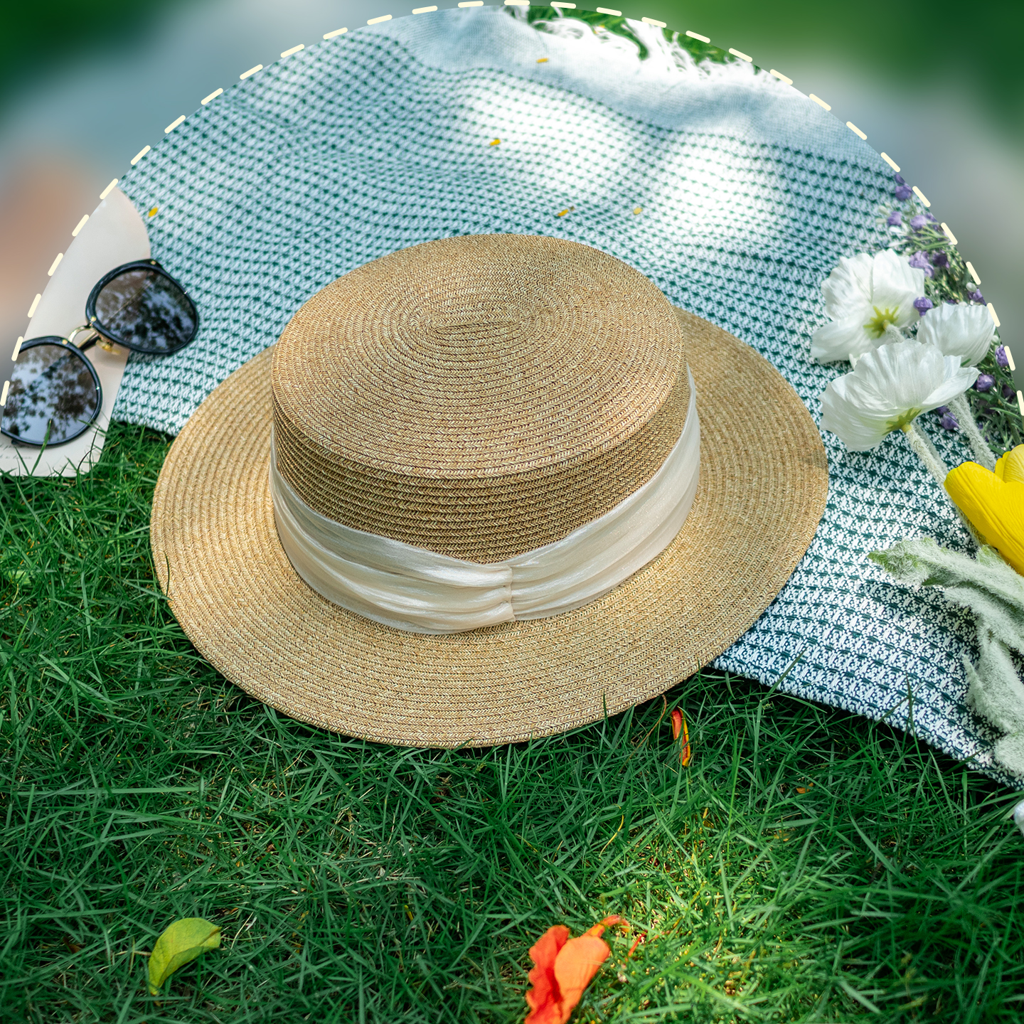 法式平顶欧根纱细草礼帽