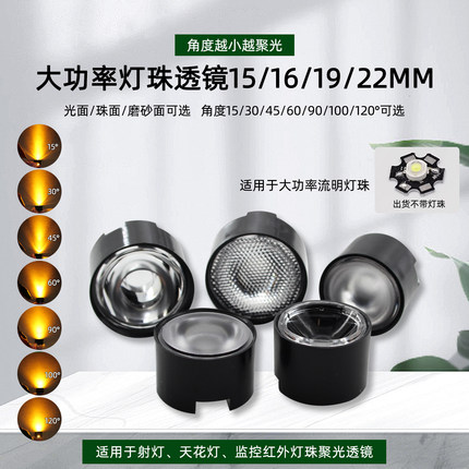 15mm16mm19mm22mm灯珠1W3W流明led灯珠专用聚光透镜15度30至120度