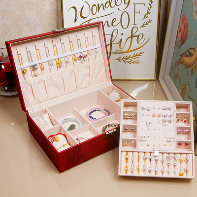 双层精致首饰盒多功能饰品项链手表耳钉耳环收纳盒珠宝箱粉色红色
