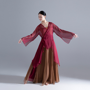 2023宽松秋冬天丝长纱衣外套舞蹈服外披 仙气国风开叉袖复古舞服