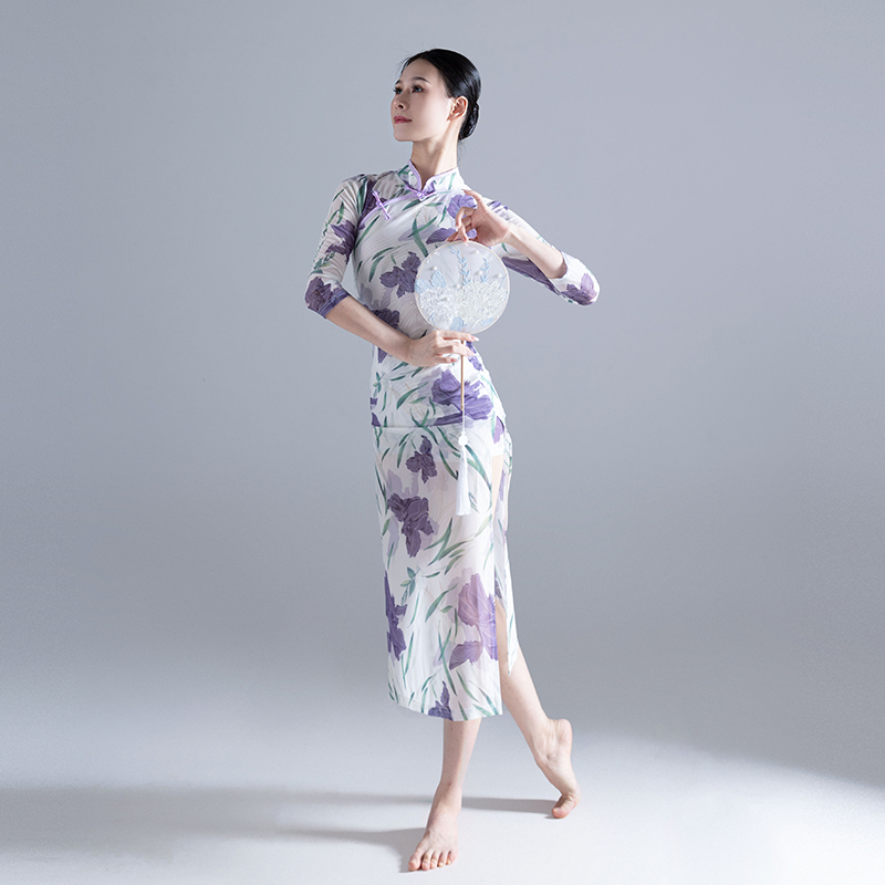 2023春夏紫色网纱印花古风七分袖旗袍舞蹈服 立领开叉优雅舞蹈服