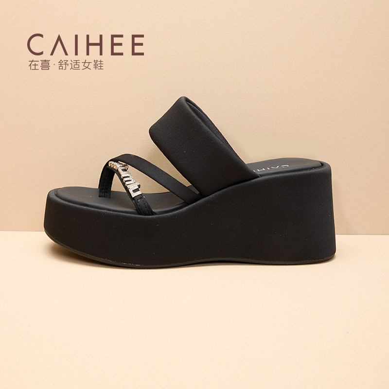 在喜黑色厚底人字拖女夏外穿松糕增高沙滩鞋防滑凉拖鞋Z32965033