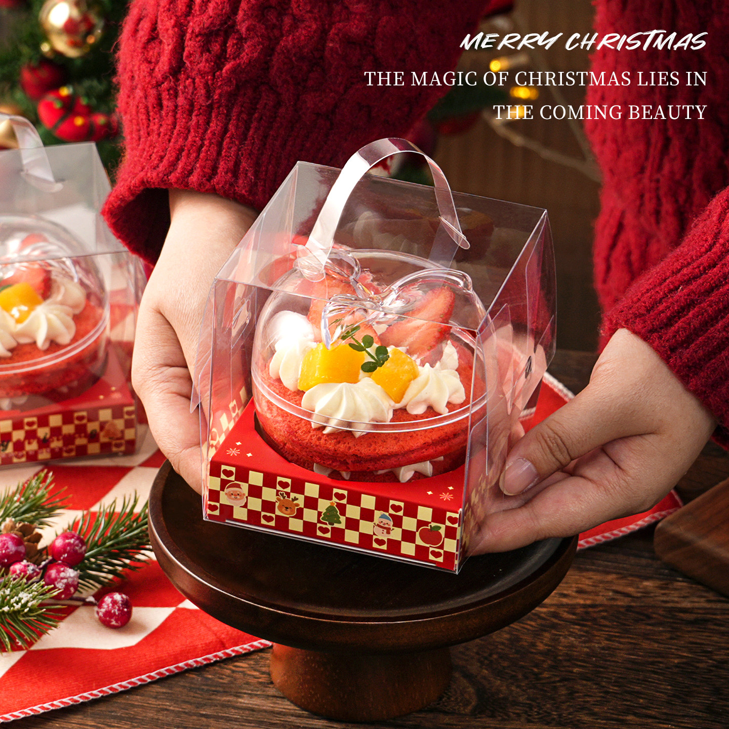 圣诞节苹果蛋糕包装盒平安夜透明手提打包盒平安果甜品礼盒送礼物