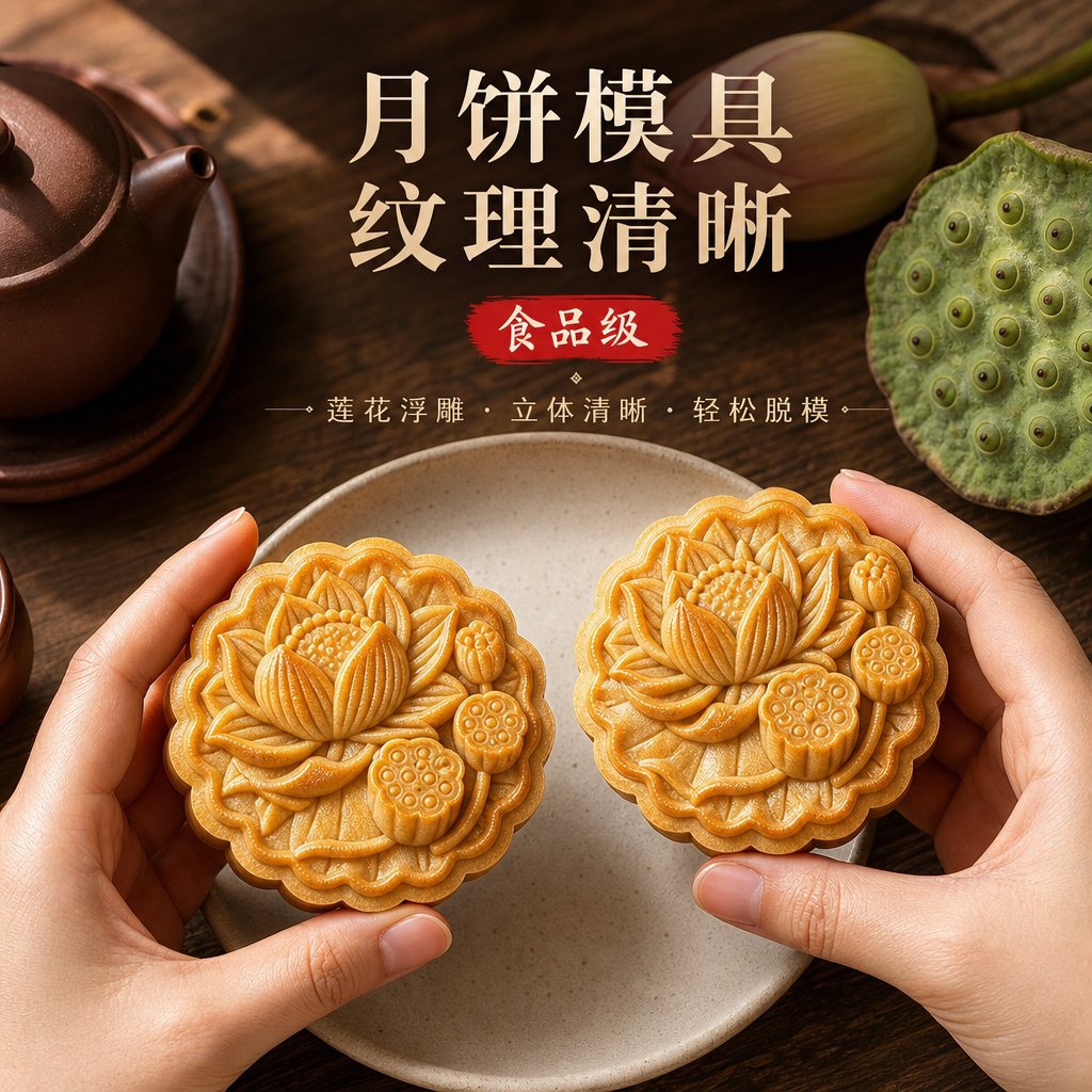 2026新款荷花传统月饼模具广式绿豆糕冰皮糕点中式国潮手压磨家用
