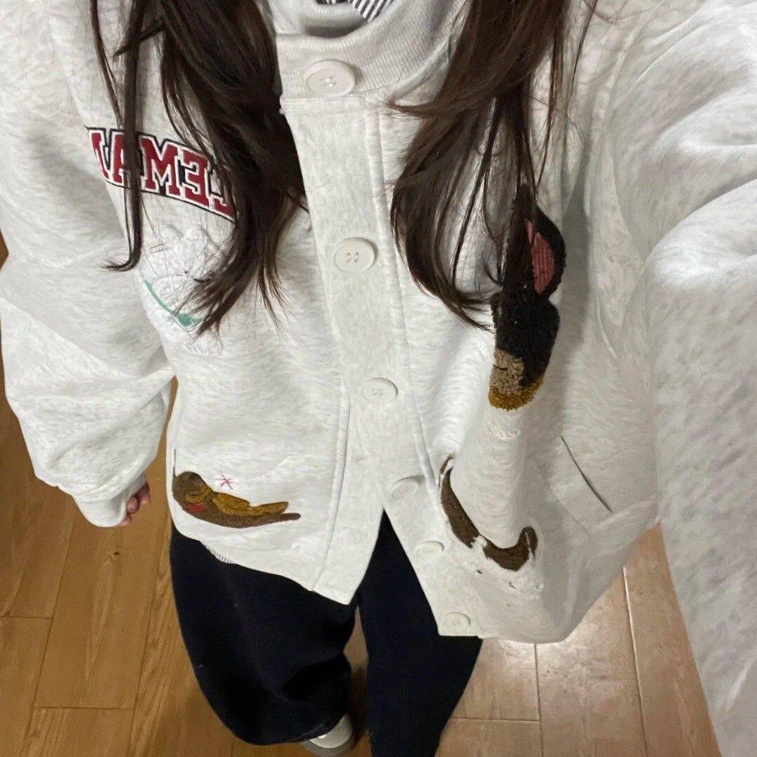 春秋灰色毛巾绣可爱小狗棒球服外套男女情侣韩系慵懒风开衫卫衣潮