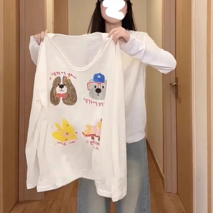 2025新款小众趣味印花长袖T恤女薄款防晒上衣慵懒宽松设计感罩衫