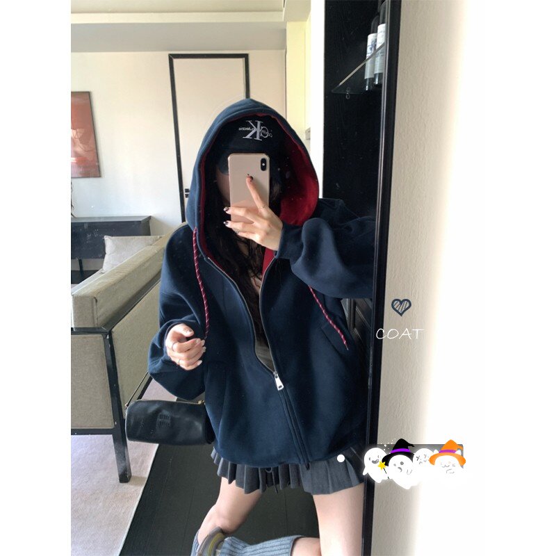 春秋季藏青色连帽卫衣外套男女美式复古休闲宽松设计感情侣上衣