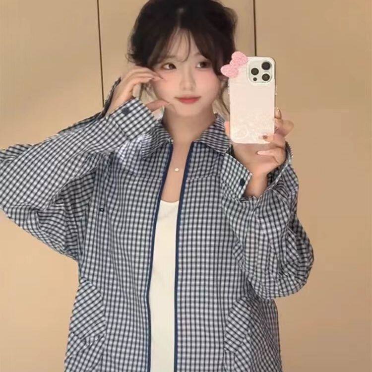 新款复古蓝色格子衬衫外套女春夏季学院风宽松休闲慵懒风防晒衬衣