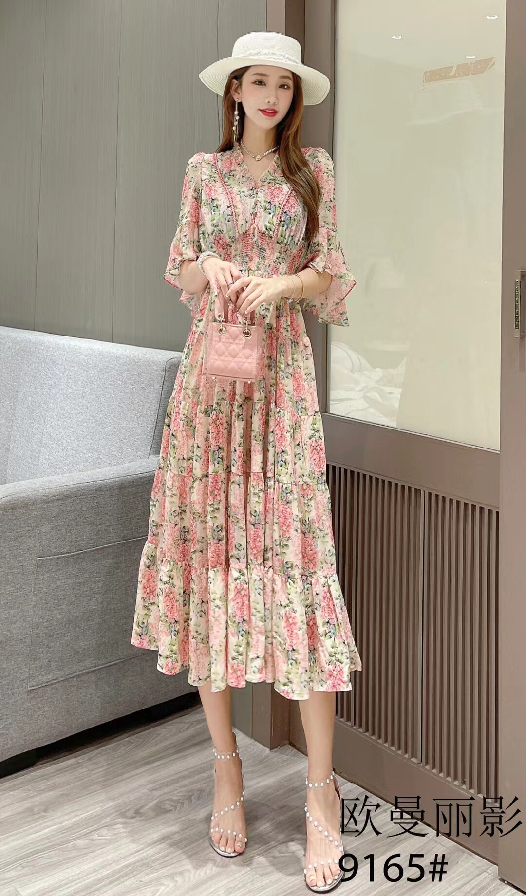 欧曼丽影9165夏装新款名媛优雅连衣裙牡丹复古高腰碎花长裙法式