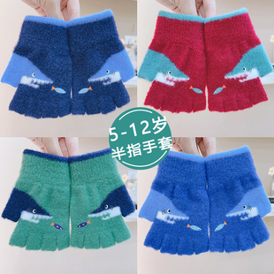 保暖毛绒针织男女童小孩学生半截露指手套 12岁儿童半指手套冬季