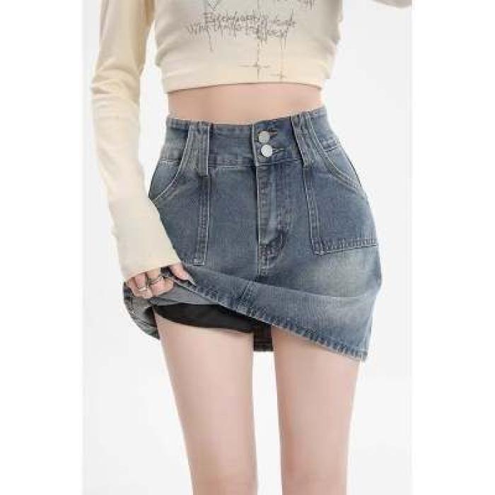 辣妹高腰复古牛仔半身裙女生夏季a字短裙小个子百搭半裙包臀裙子