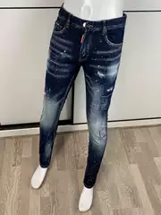 Dark Blue Washed Spray-Painted Splatter Patch High-End Men's Jeans D2 Stretch Slim-Fit Long Pants Dsq2 All-Season Size 26