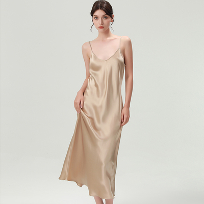 25新款100%桑蚕丝睡裙女香槟色长吊带性感夏季真丝睡衣裙家居服