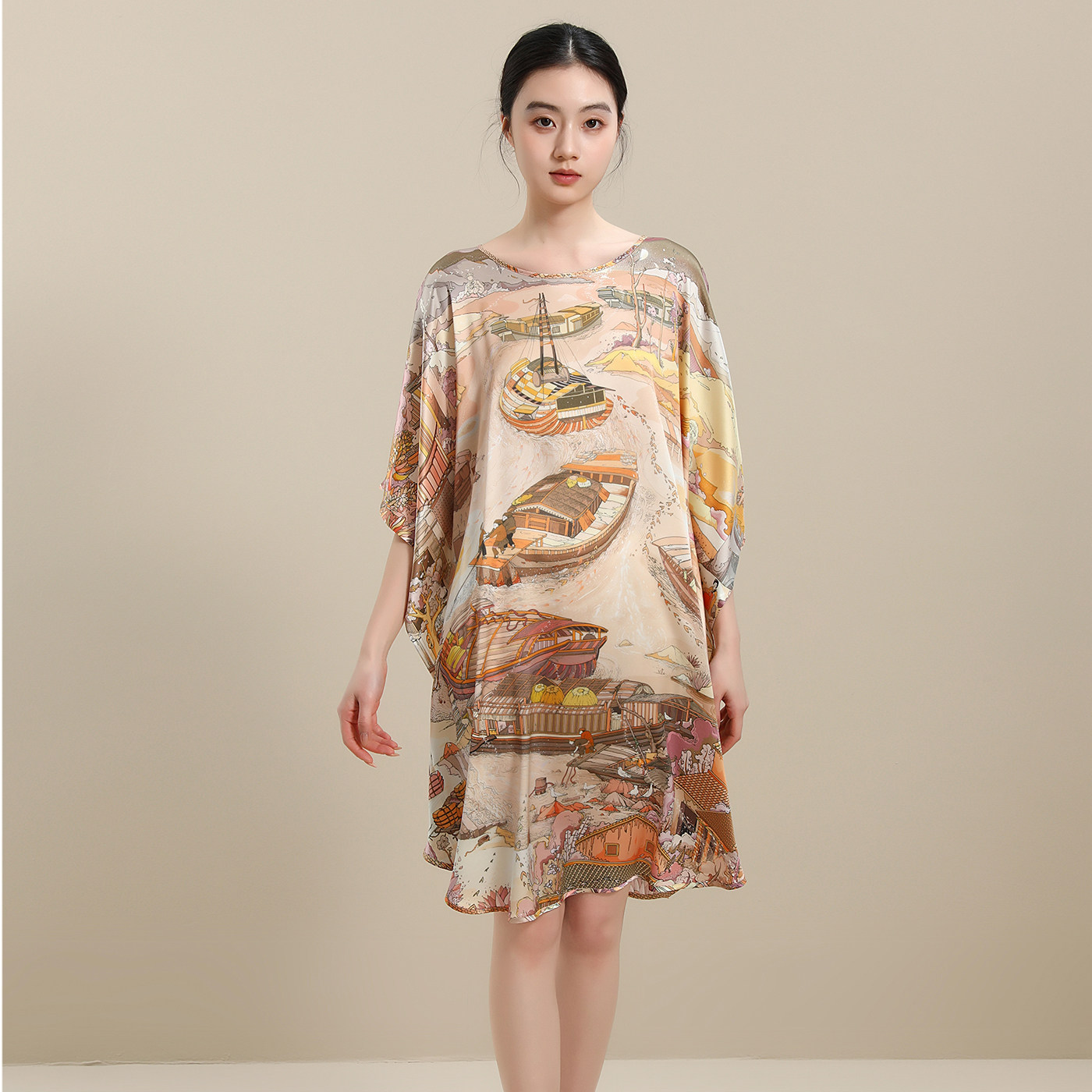 新款桑蚕丝睡裙女印花宽松休闲真丝睡衣薄款家居服短袖圆领长裙夏