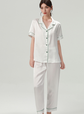 2026新款100%桑蚕丝夏季翻领真丝睡衣女短袖两件套高级白色家居服