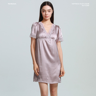 100%桑蚕丝新款银灰色睡裙女带胸垫重磅全真丝睡衣丝绸宽松家居服