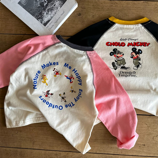 米奇卡通男女童宝宝百搭拼色上衣 春季 100%纯棉儿童t恤长袖 打底衫