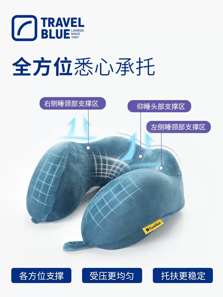 TRAVELBLUE 목 베개 블루 여행 U 자형 베개 메모리 폼 비행기 고속철도 낮잠 여행 휴대용 평온 목 베개 U 자형