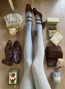 日系jk竖纹麦穗连裤袜子女春秋薄款奶蓝色外穿打底丝袜lolita甜美