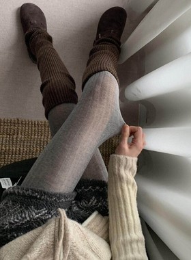 miu系烟灰微透连裤袜女春秋薄款宽条竖纹显瘦打底袜百搭外穿裤袜