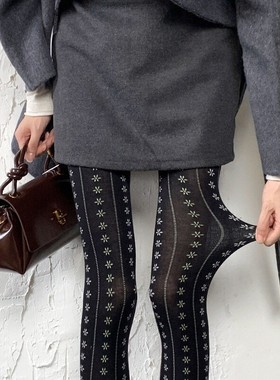格雷系碎花竖纹保暖法式连裤袜女宫廷风复古深灰色棉质打底袜裤DF