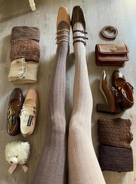 秋冬季浅咖打底裤女美拉德miu系竖纹麻花连裤袜日系显瘦百搭长袜