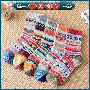 女士云南四川民族风中筒袜 厚款 外贸 国潮加厚袜子冬季 5双中国风