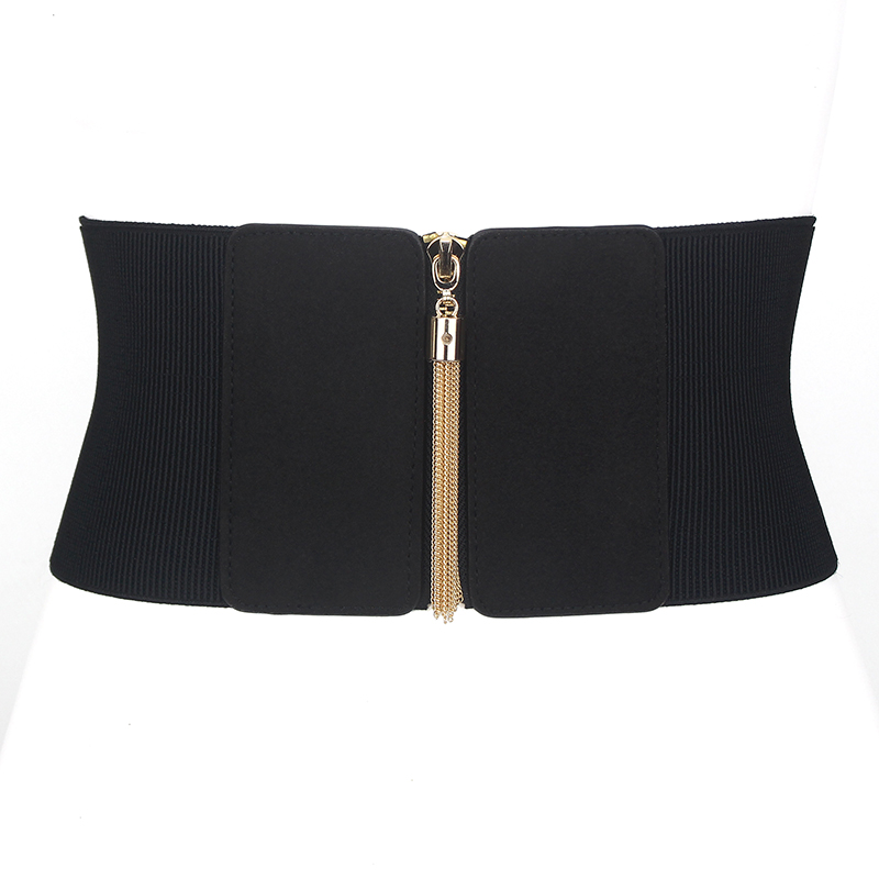 欧美女超宽腰封衬衫裙连衣裙简约百搭拉链吊穗装饰松紧弹力束腰带