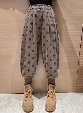 女童韩版灯芯绒波点裤2022秋冬休闲裤儿童冬装加绒束脚裤外穿靴裤