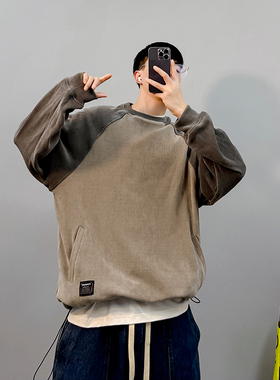 PGUP STUDIO美式复古雅痞撞色插肩袖男士宽松卫衣圆领休闲上衣潮