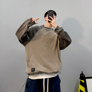 PGUP STUDIO美式复古雅痞撞色插肩袖男士宽松卫衣圆领休闲上衣潮
