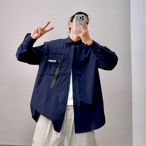 PGUP STUDIO复古机能风织带装饰长袖衬衫男日常衬衣外套时尚潮流
