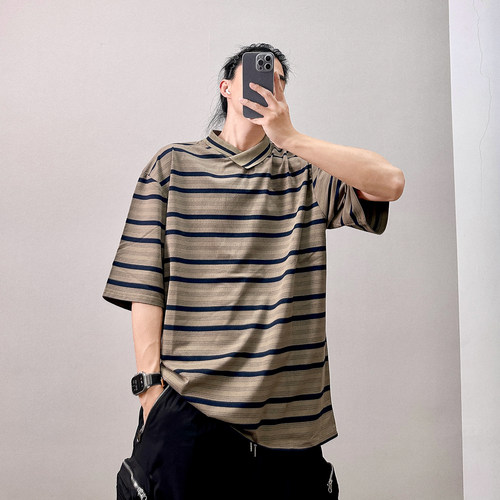 PGUP STUDIO美式复古条纹短袖T恤男不规则翻领宽松休闲百搭半袖潮