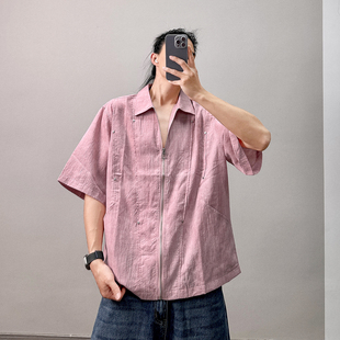 PGUP STUDIO夏季仿亚麻肌理凉感脏粉色短袖衬衫男解构拉链衬衣潮