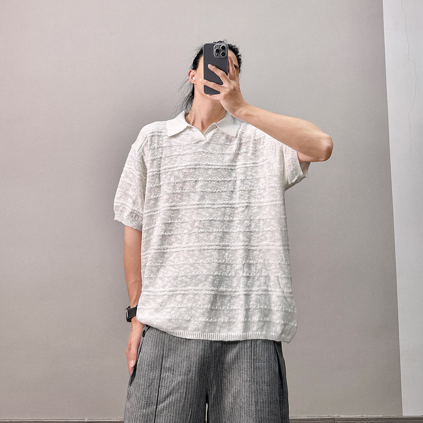 PGUP STUDIO复古毛织翻领绞花纹理短袖T恤男士宽松高智感白色上衣