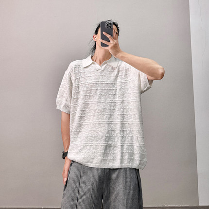 PGUP STUDIO复古毛织翻领绞花纹理短袖T恤男士宽松高智感白色上衣