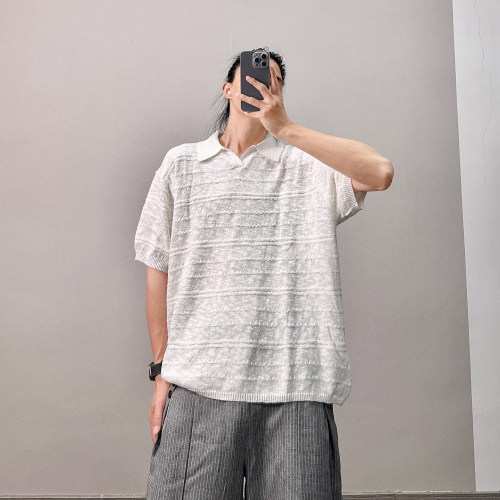 PGUP STUDIO复古毛织翻领绞花纹理短袖T恤男士宽松高智感白色上衣