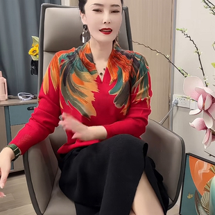 中老年针织套头定位羽毛鸡心领新款大码印花上衣妈妈针织毛衣