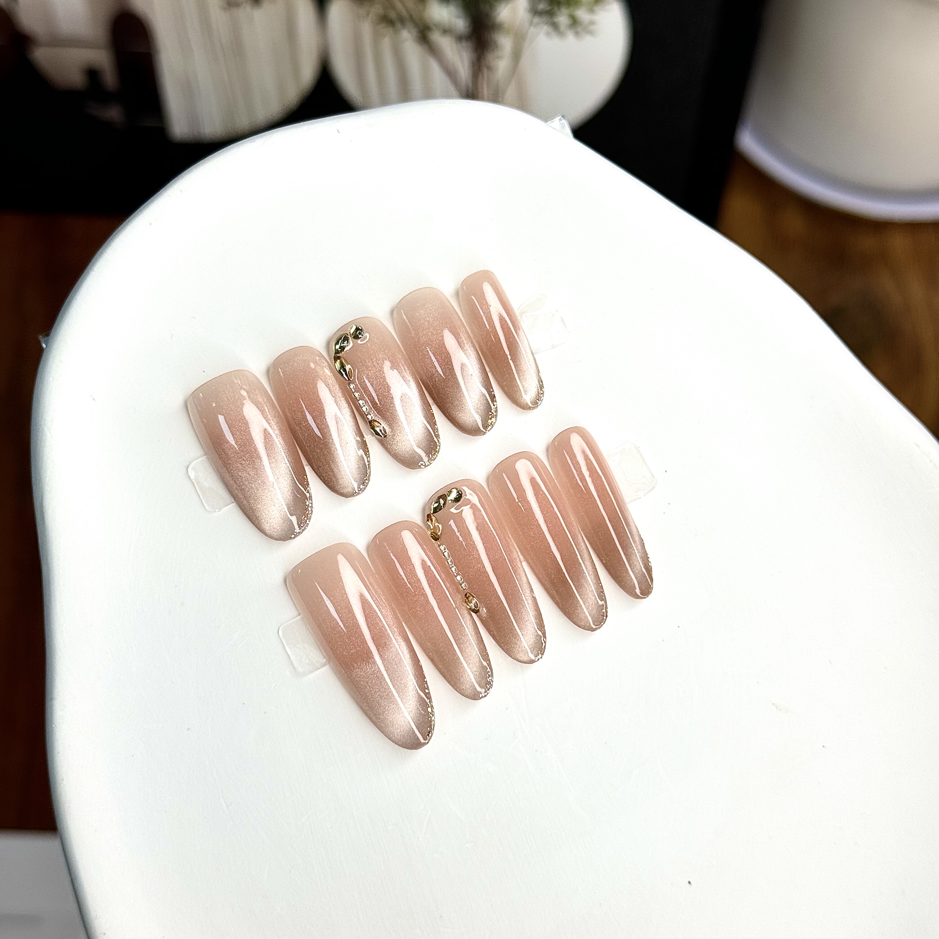 落日秋水纯手工穿戴甲片晕染腮红美甲猫眼微笑线指甲贴片