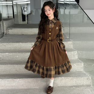 儿童裙子女童连衣裙长袖2026新款春秋洋气女孩衬衫领假两件背带裙
