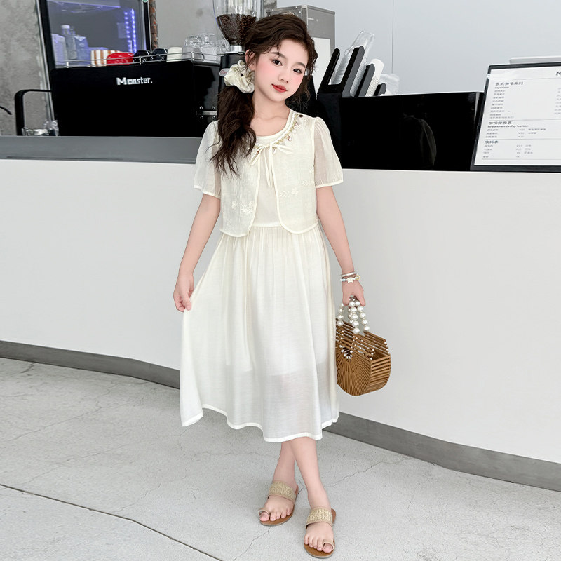 女童连衣裙2026新款夏季洋气小披肩假两件套裙子儿童长裙女孩大童